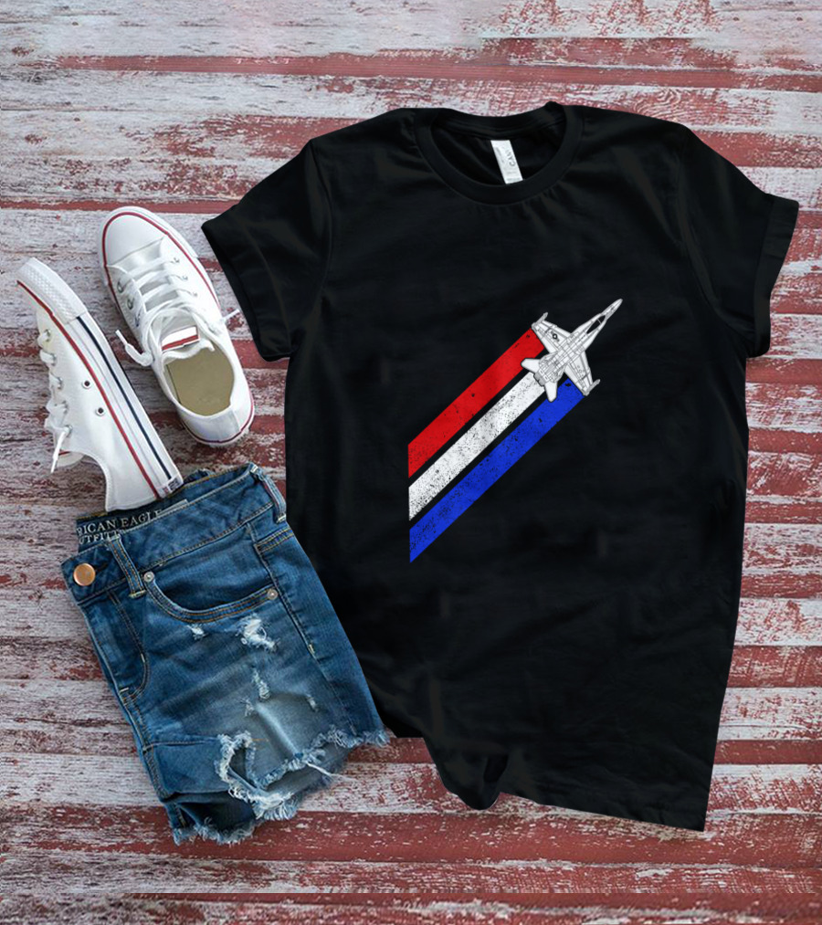 F18 Hornet Airplane Schematic Red White Blue Vintage Stripes T-Shirt