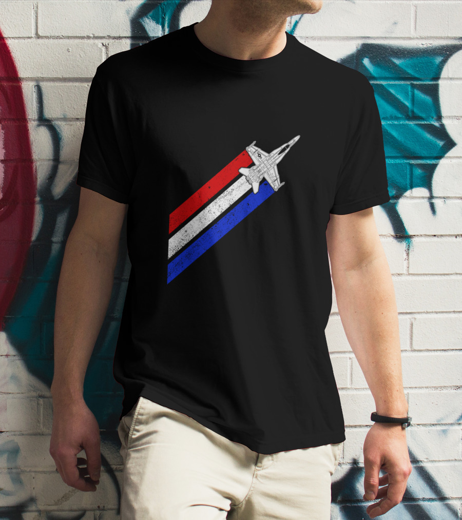 F18 Hornet Airplane Schematic Red White Blue Vintage Stripes T-Shirt