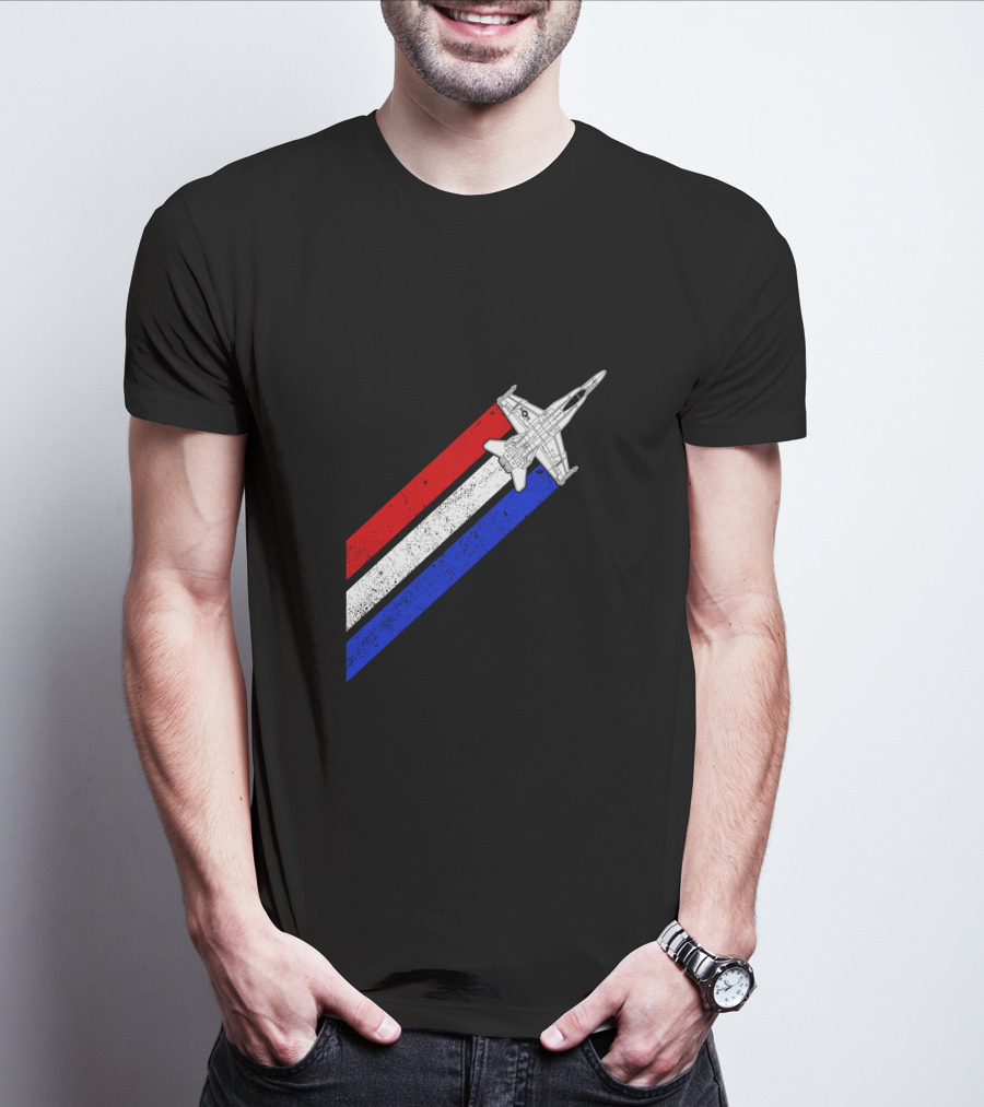 F18 Hornet Airplane Schematic Red White Blue Vintage Stripes T-Shirt