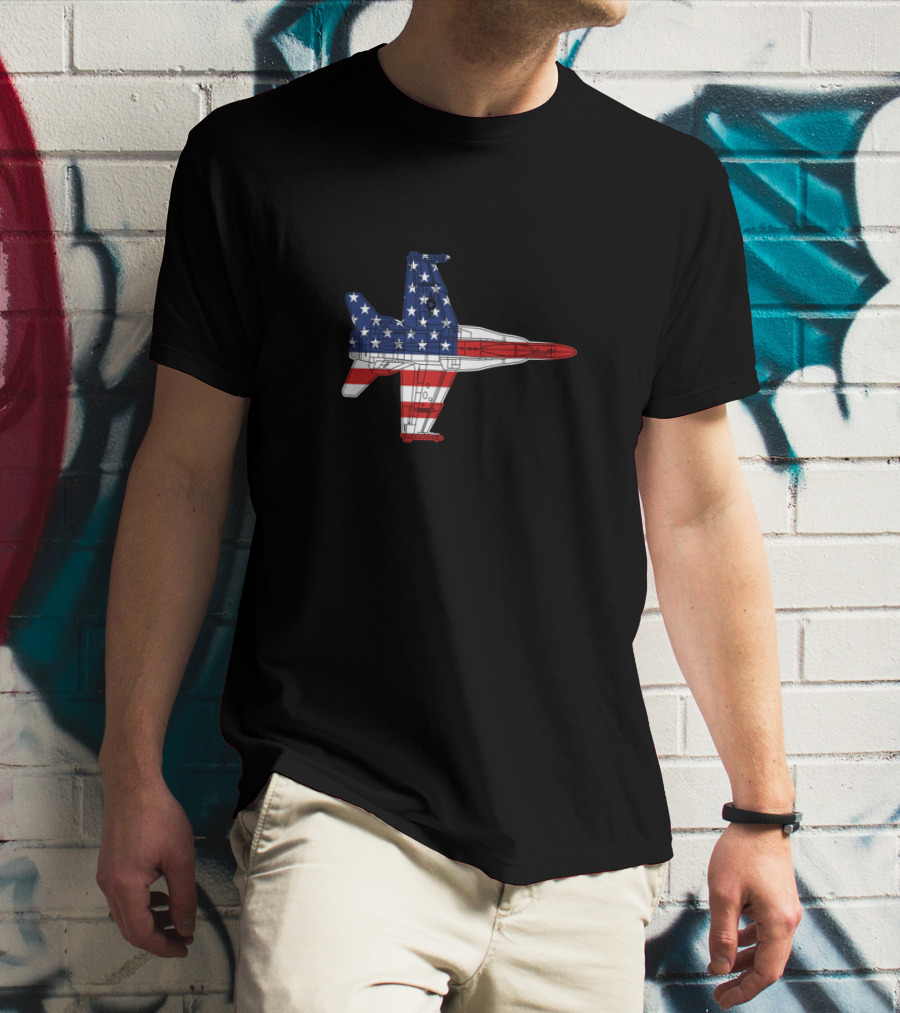 F18 Hornet Military Airplane Schematic American Flag T-Shirt
