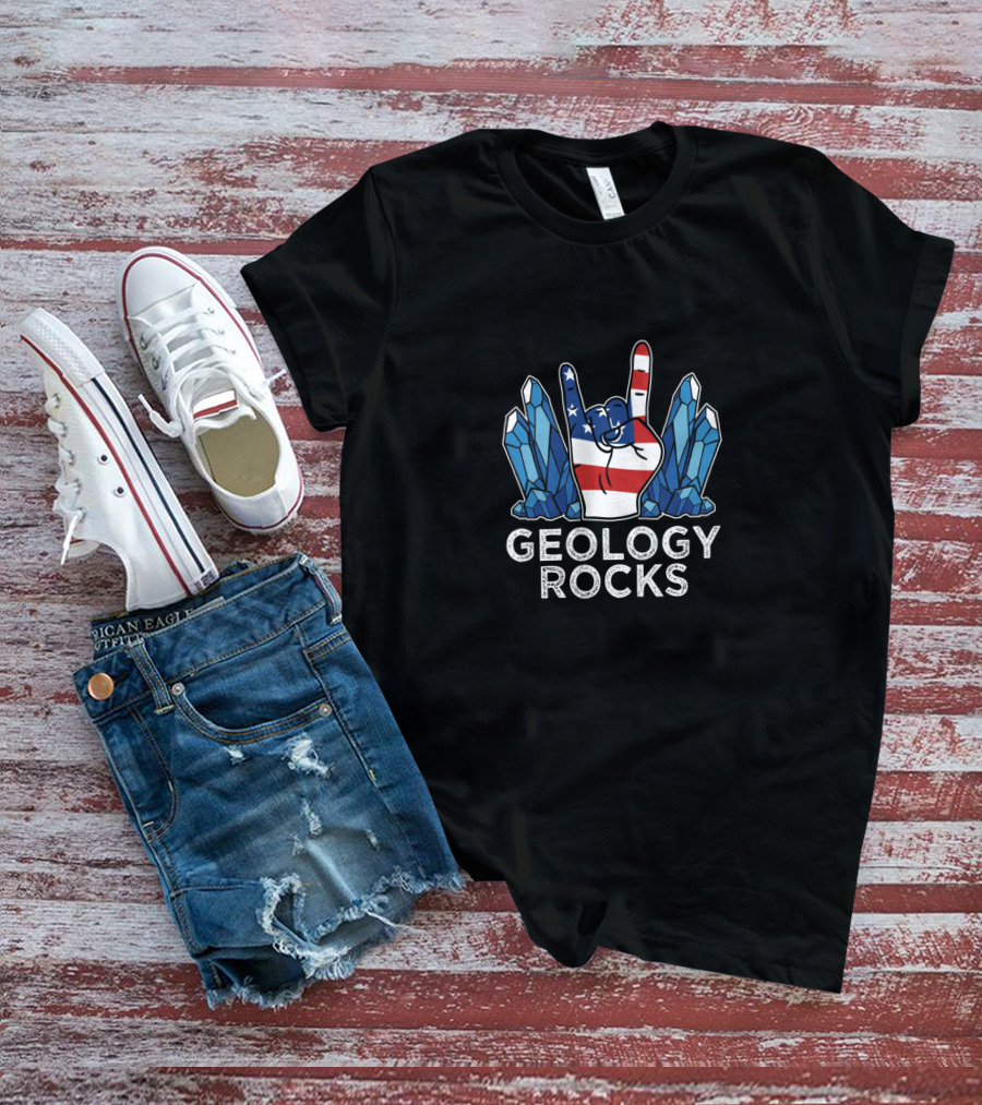 Geology Rocks USA Flag Mineral Crystals Hand Sign T-Shirt