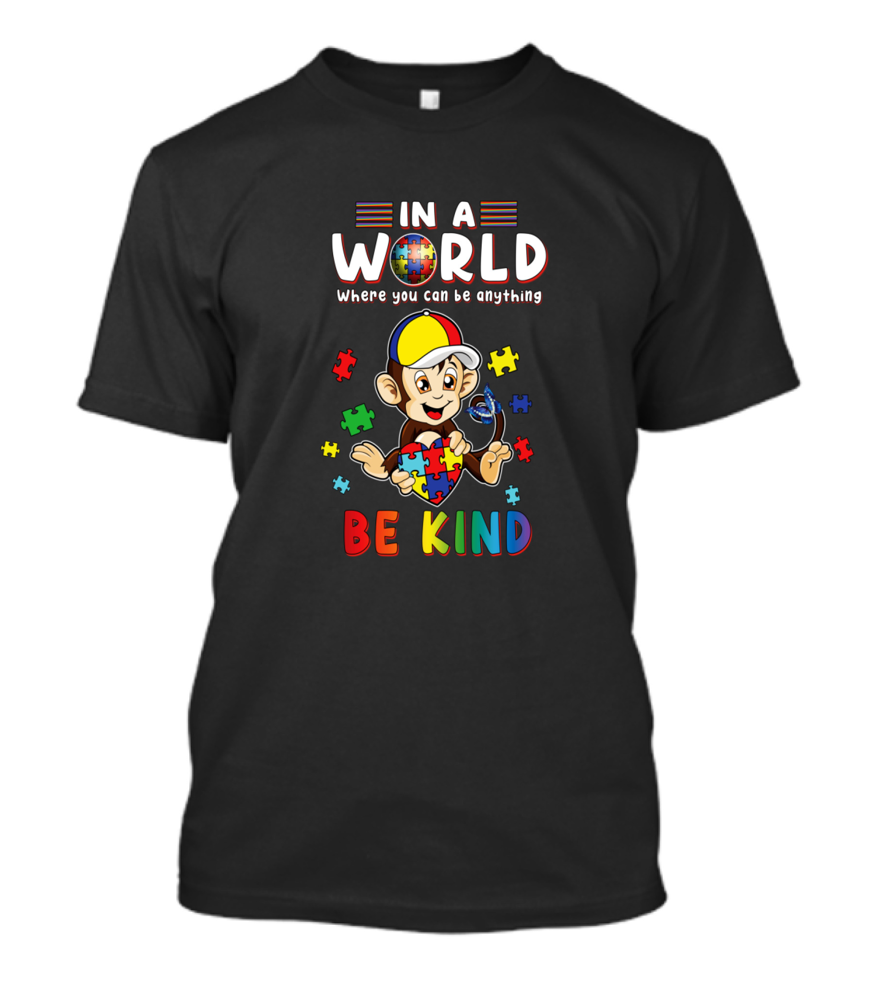 In A World Where You Can Be Anything Be Kind Puzzle Monkey T-Shirt