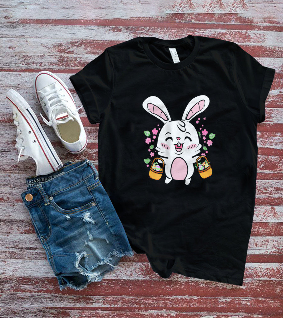 Kids Easter Bunny With Baskets Cute Egg Hunt Colorful Spring Flowers T-Shirt
