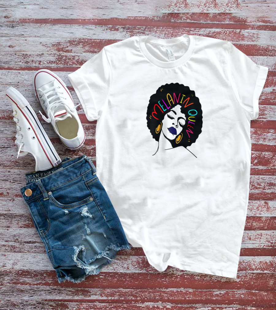 Melanin Queen Afro American Afro Latina Proud Black Woman Raglan Afro Hairstyle Bold Colors Gold Hoop Earrings T-Shirt