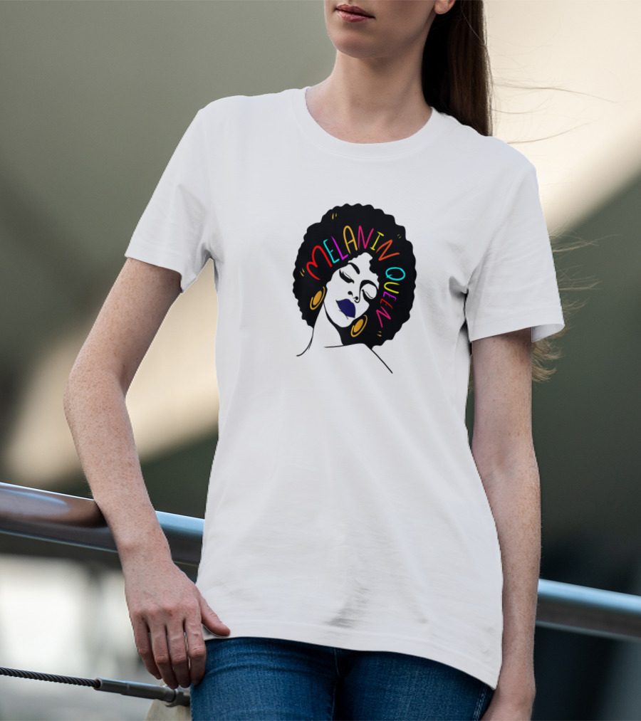 Melanin Queen Afro American Afro Latina Proud Black Woman Raglan Afro Hairstyle Bold Colors Gold Hoop Earrings T-Shirt