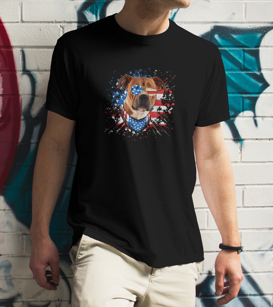 Pitbull Dog Lover American Flag Glasses Bandana Fourth Of July Funny Dog T-Shirt