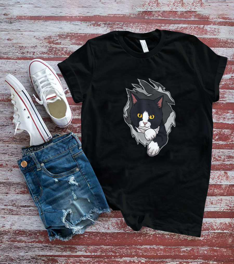 Tuxedo Cat Breaking Through For Women Men And Kitten Lovers T-Shirt
