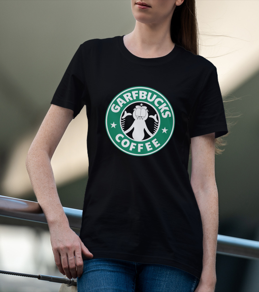Garfield Garfbucks Coffee Logo Parody With Green Circle Stars And Cartoon Cat T-Shirt