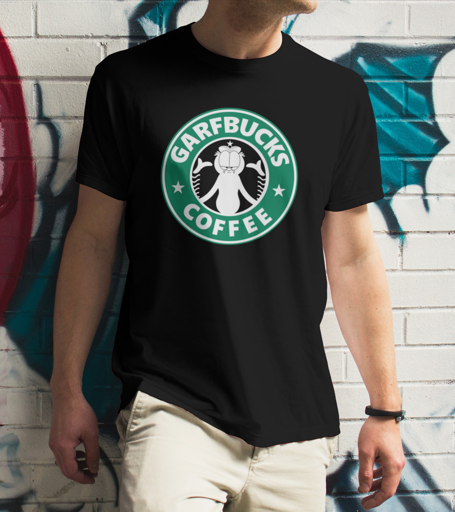 Garfield Garfbucks Coffee Logo Parody With Green Circle Stars And Cartoon Cat T-Shirt