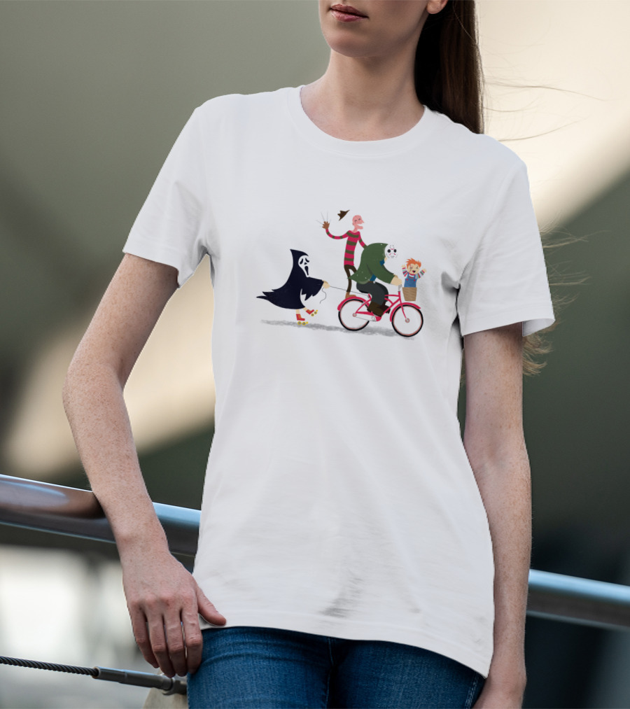 Horror Characters Night Ride With Ghost Mask Freddy Jason And Doll On Bicycle T-Shirt