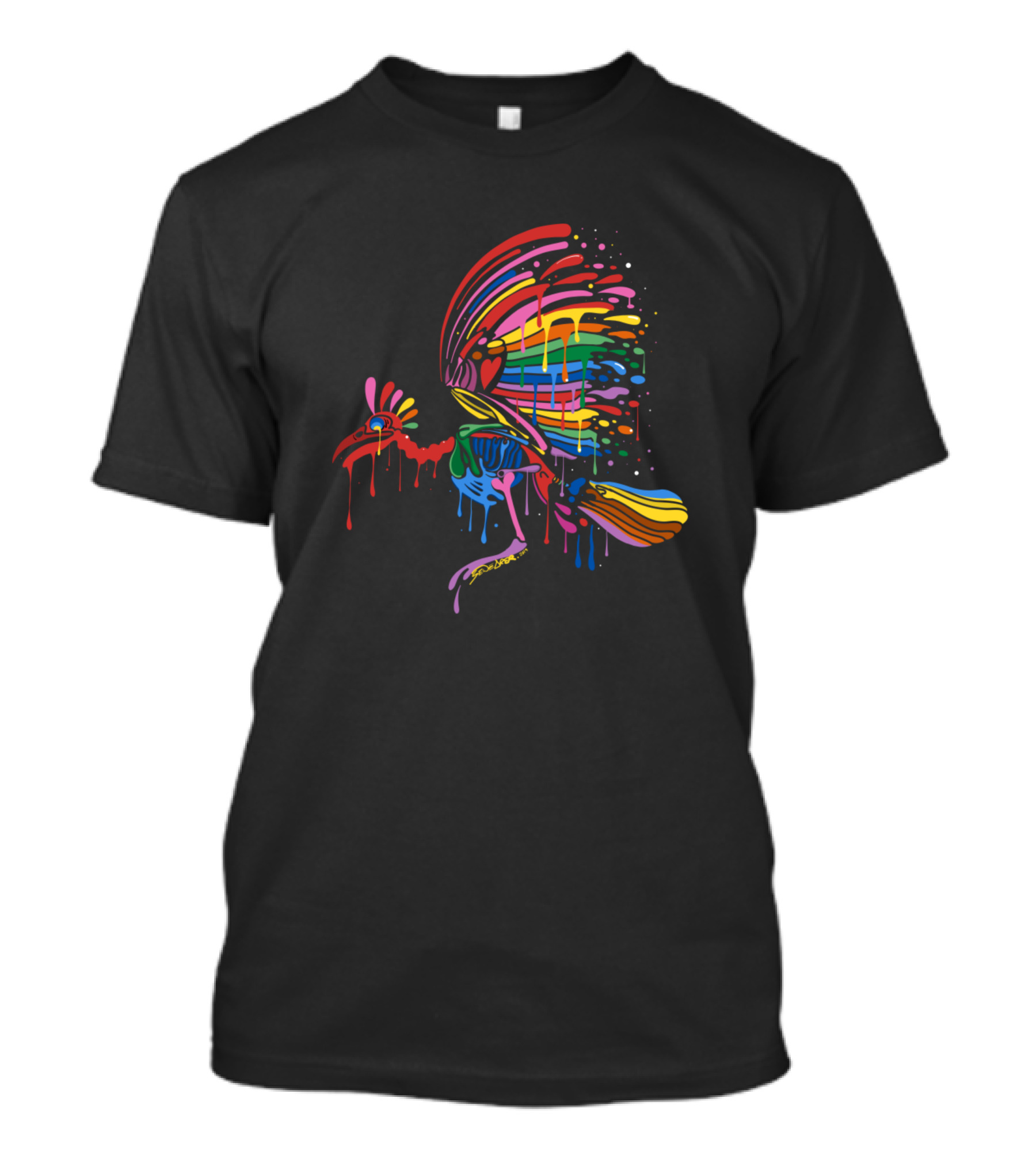 Rainbow Skeleton Bird With Vibrant Rainbow Wings Dripping Colors T-Shirt