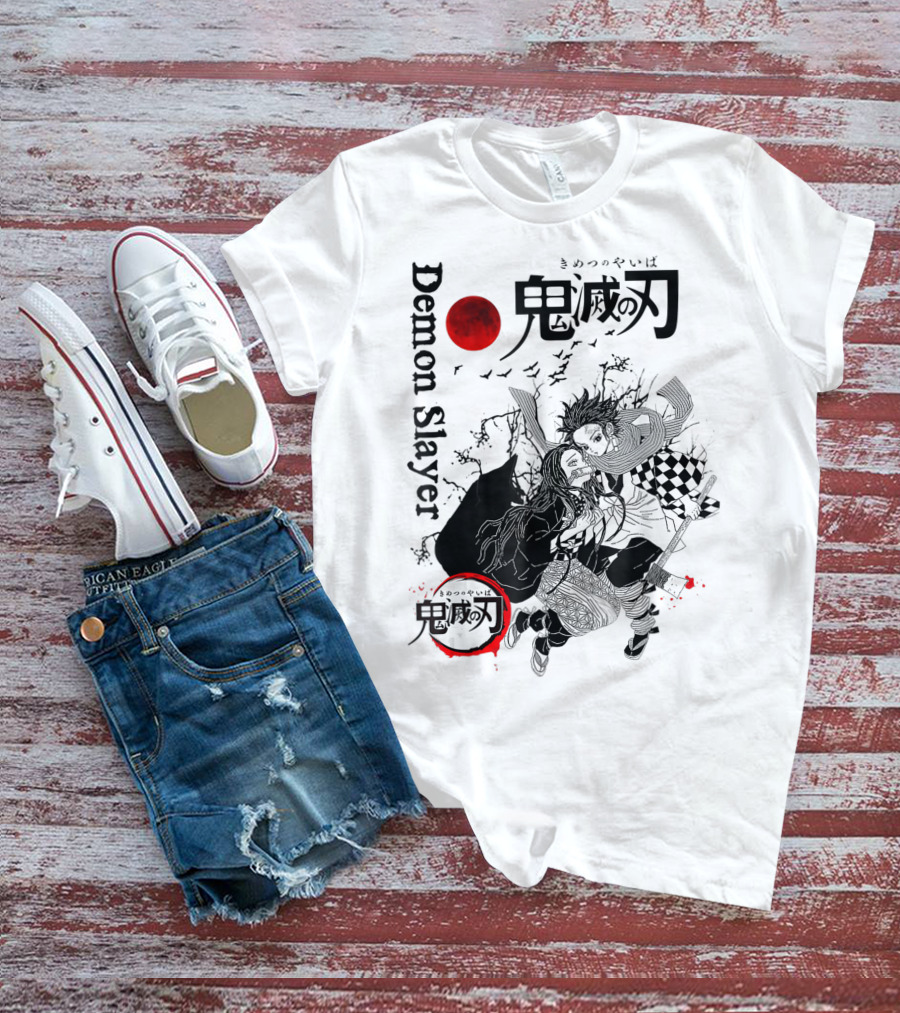 Demon Slayer Black And White Arts Anime With Red Moon T-Shirt