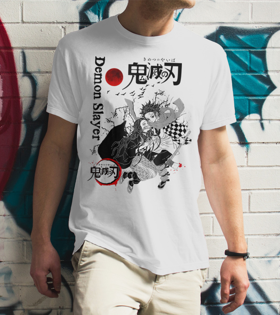 Demon Slayer Black And White Arts Anime With Red Moon T-Shirt