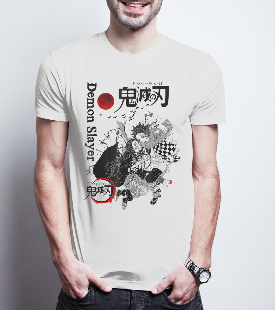 Demon Slayer Black And White Arts Anime With Red Moon T-Shirt