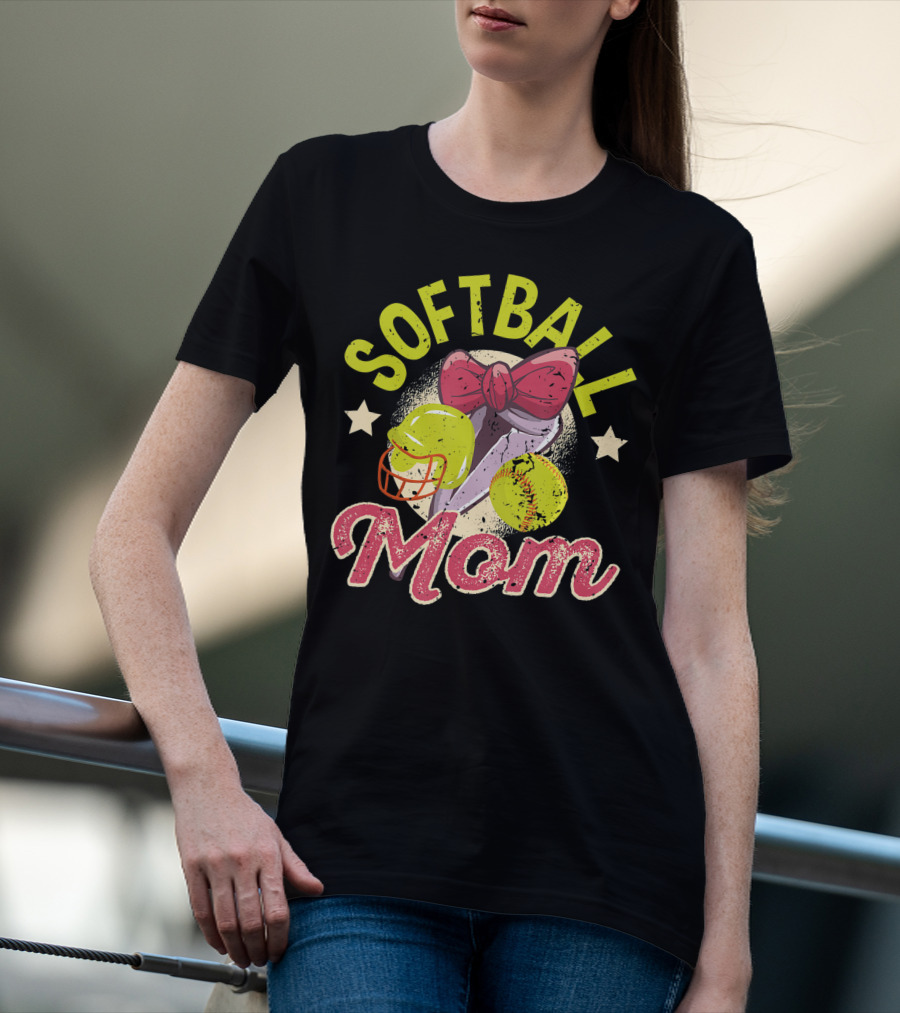 Softball Mom Mother's Day Softball Mama Bow Helmet Ball T-Shirt