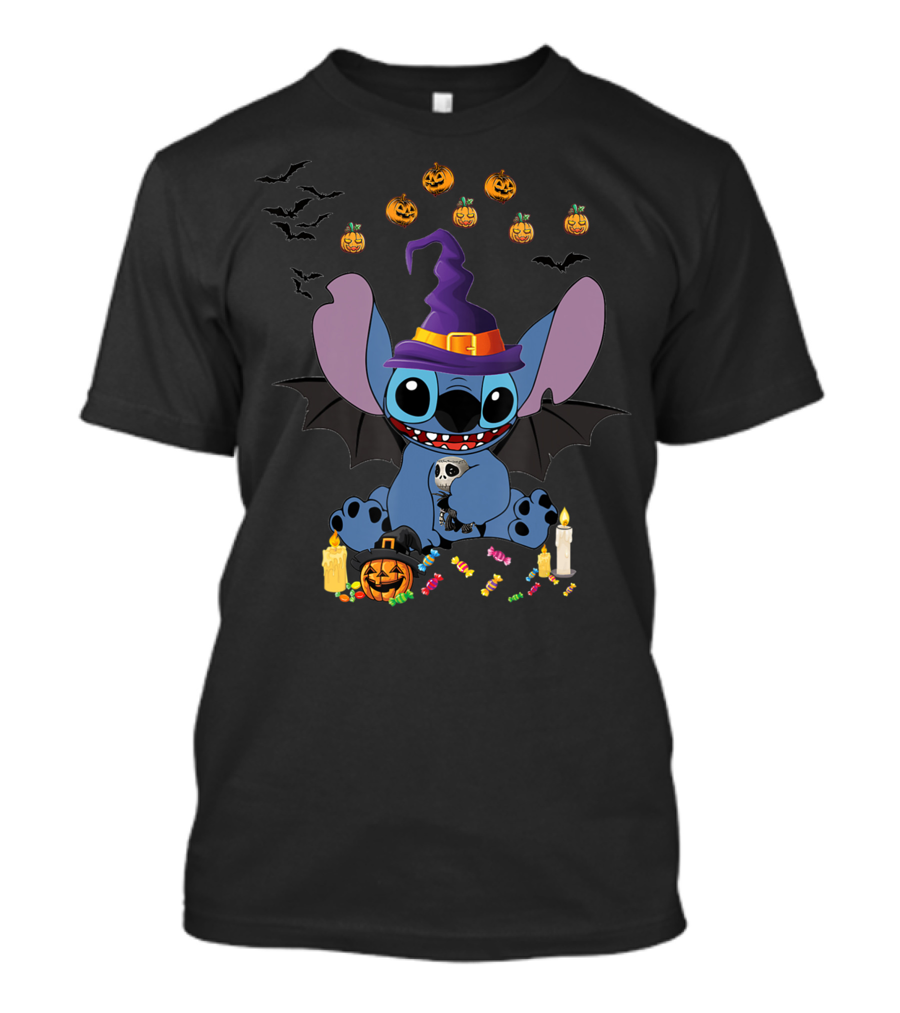 Stitch In Witch Hat Surrounded By Pumpkins And Candies T-Shirt