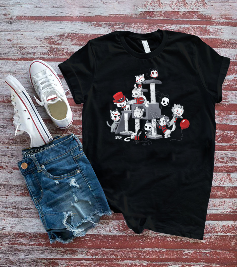 Halloween Funny Cute Cats Horror Movie Characters T-Shirt
