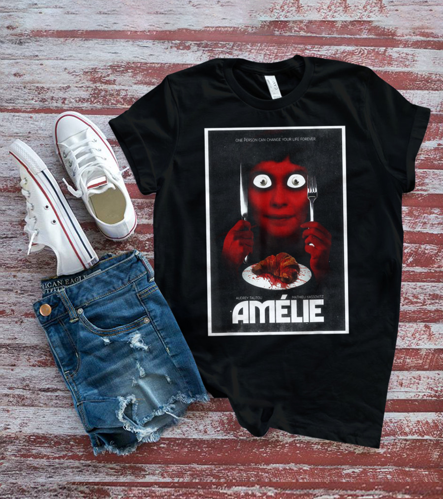 Amélie Horror Parody Audrey Tautou Matthieu Kassovitz Creepy Croissant T-Shirt