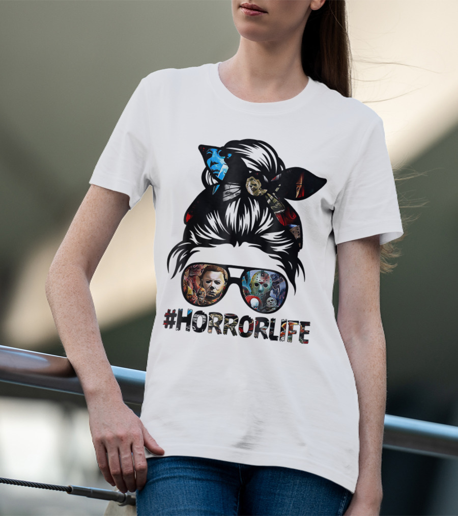 Horror Life Girl With Iconic Halloween Movie Characters T-Shirt