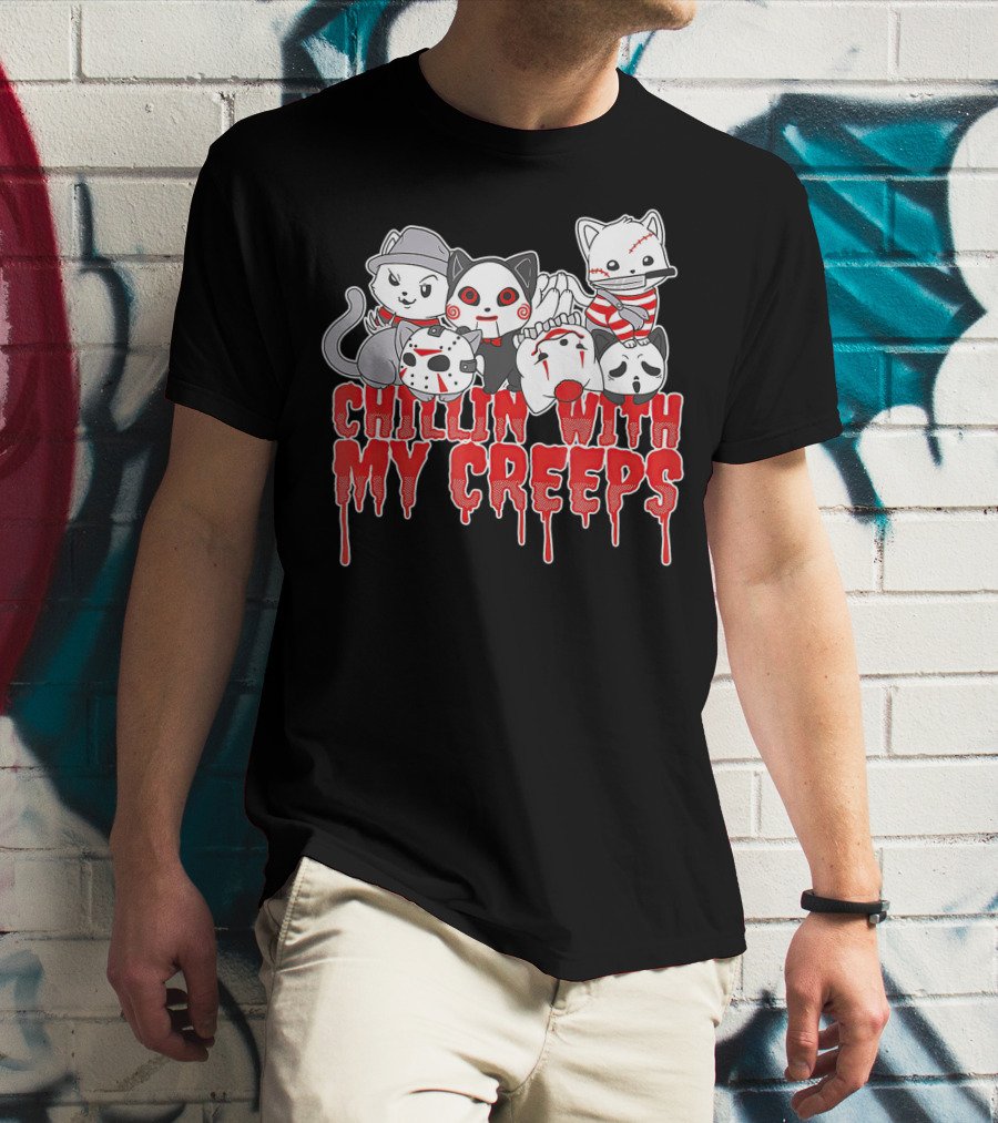 Chillin With My Creeps Halloween Cats In Costumes T-Shirt