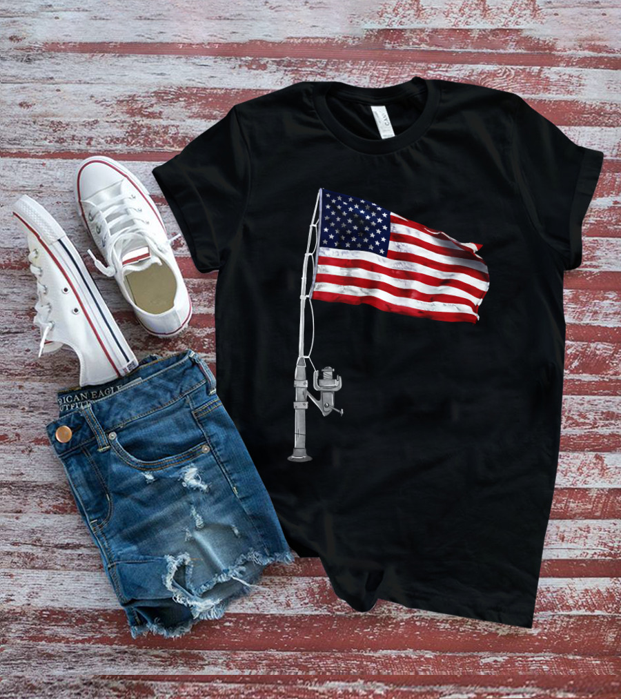 American Fishing Rod Flag Camping T-Shirt