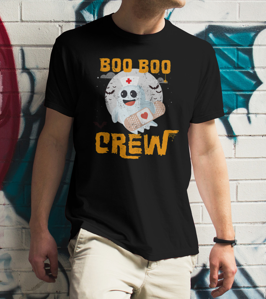 Boo Boo Crew Nurse Ghost With Bandage And Bats Moon Halloween T-Shirt