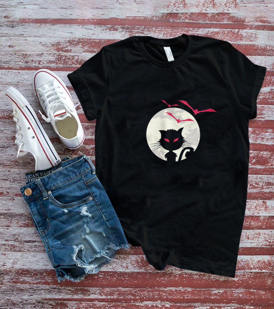 Cute Cat Silhouette With Red-Eyed Bats And Full Moon T-Shirt