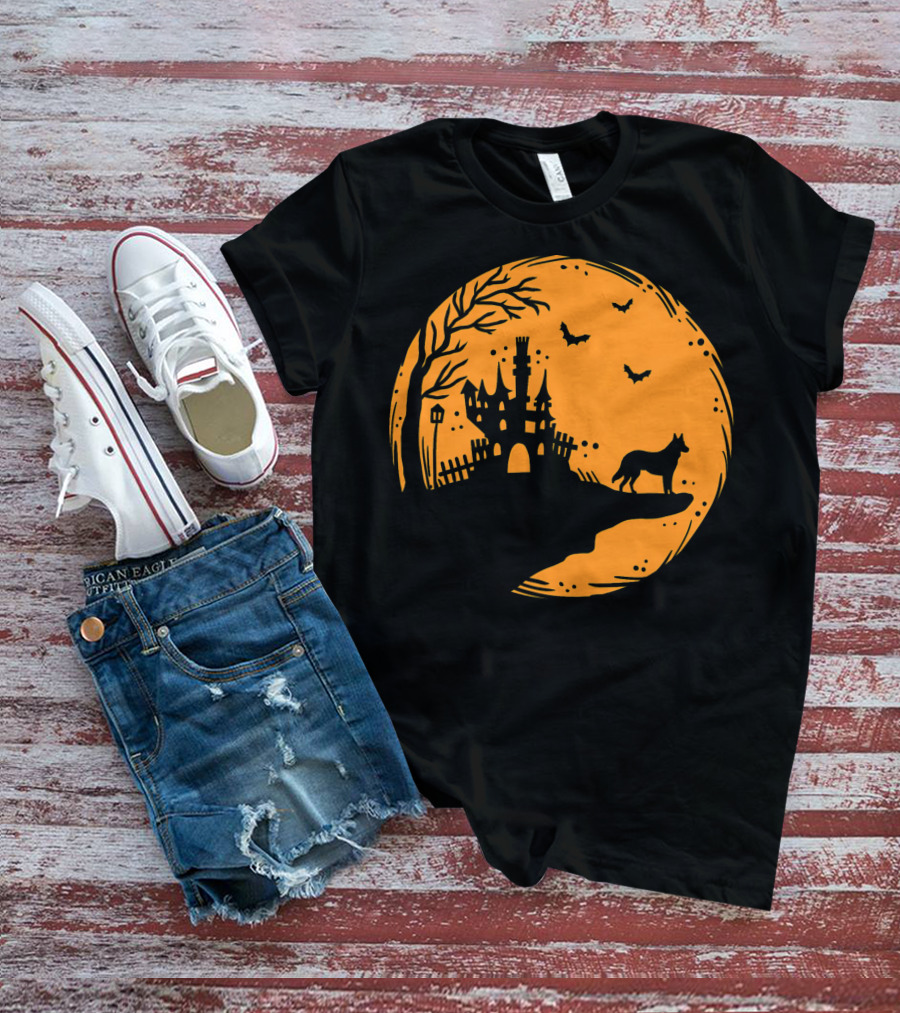 Halloween Dog Silhouette With Haunted Castle And Bats T-Shirt