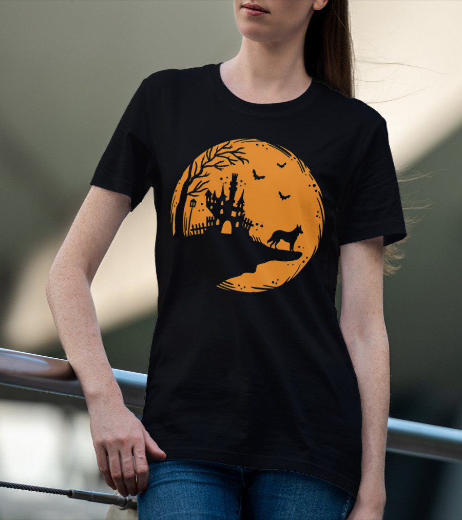 Halloween Dog Silhouette With Haunted Castle And Bats T-Shirt