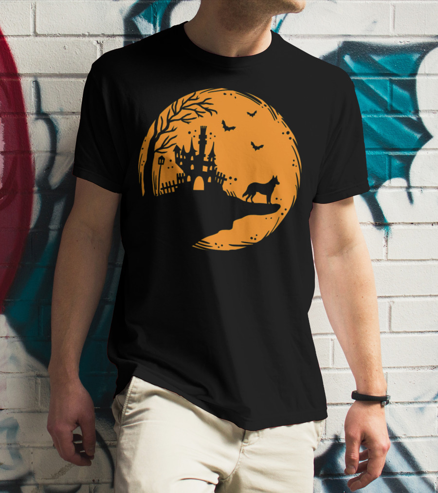 Halloween Dog Silhouette With Haunted Castle And Bats T-Shirt