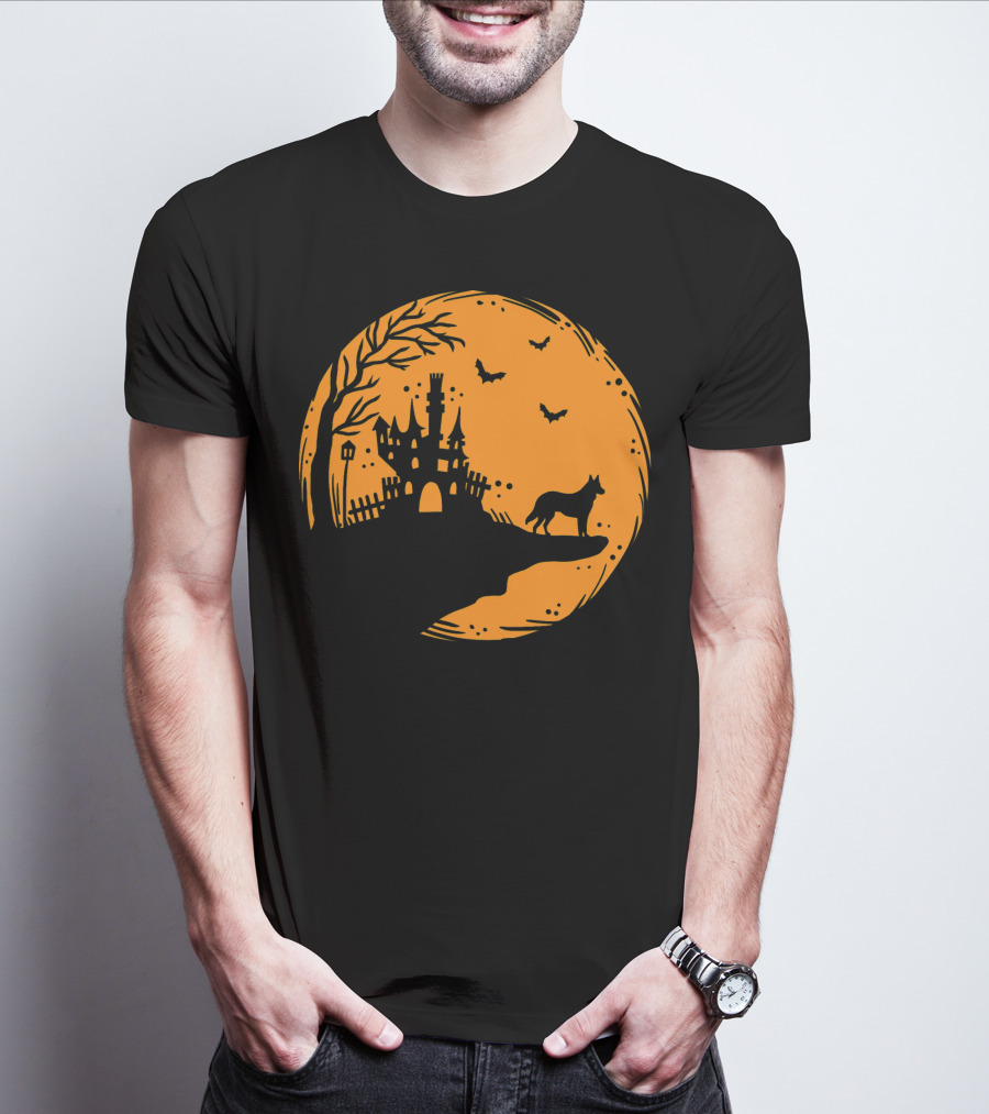 Halloween Dog Silhouette With Haunted Castle And Bats T-Shirt