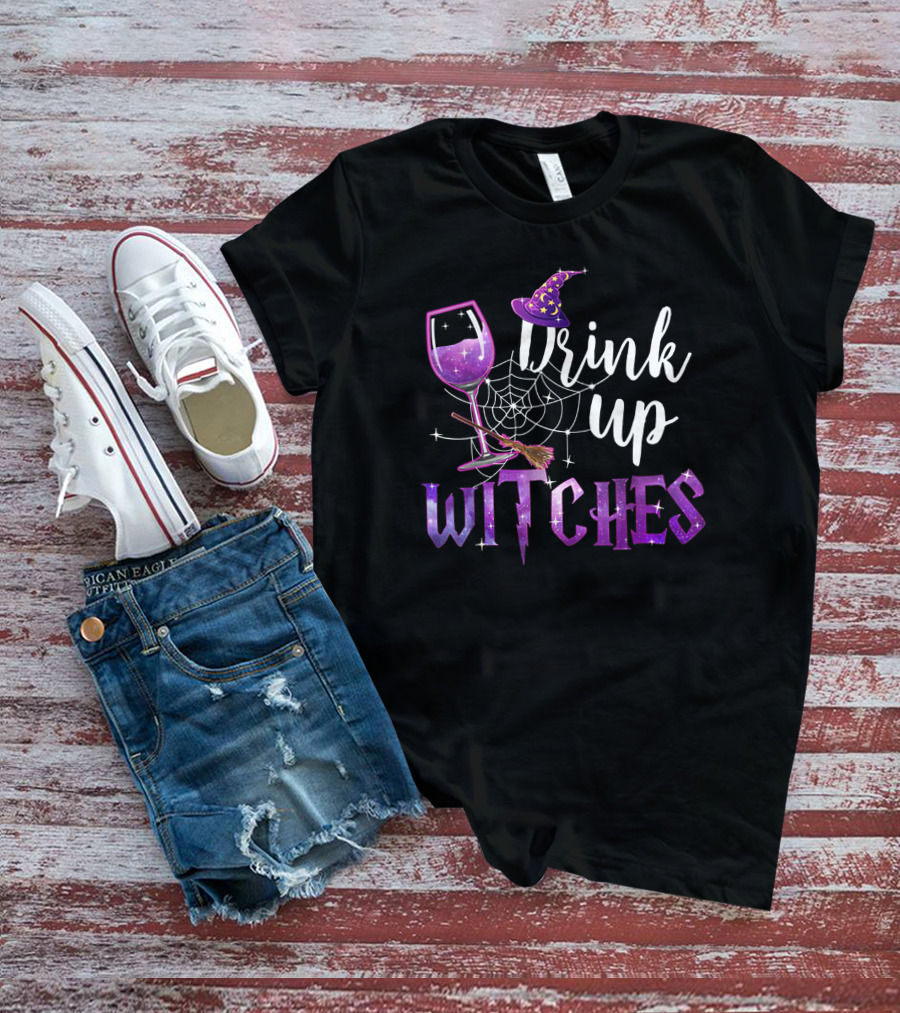 Drink Up Witches Halloween Wine Glass Witch Hat Broom Spiderweb T-Shirt