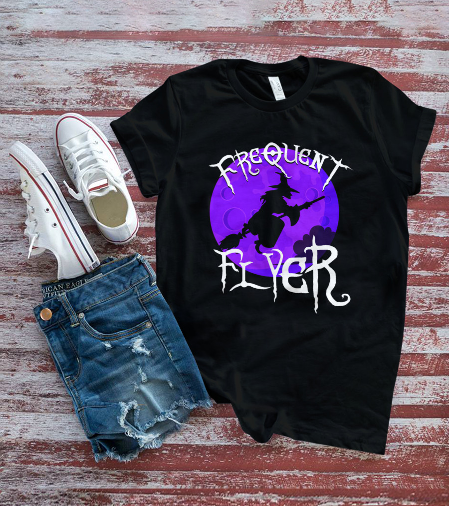 Frequent Flyer Witch Broom Silhouette Against Purple Moon T-Shirt