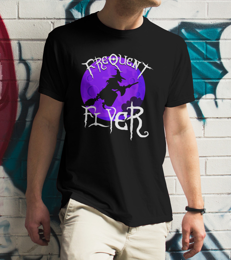 Frequent Flyer Witch Broom Silhouette Against Purple Moon T-Shirt