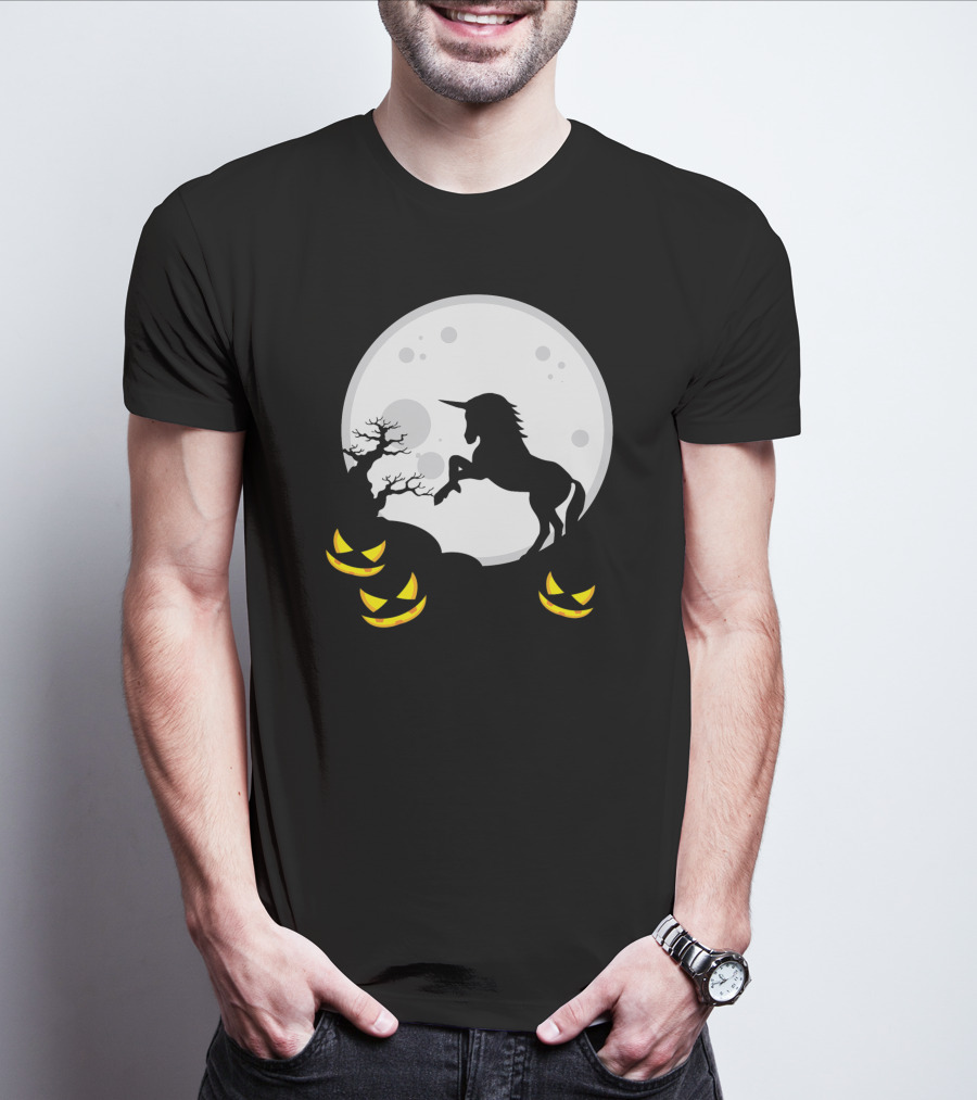 Halloween Unicorn And Jack-O'-Lanterns Full Moon Scene T-Shirt