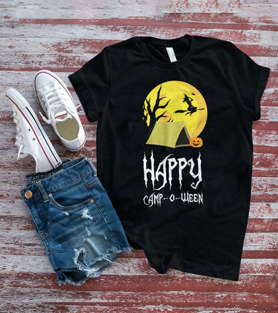 Happy Camp O Ween With Witch And Pumpkin Camping Under Full Moon T-Shirt