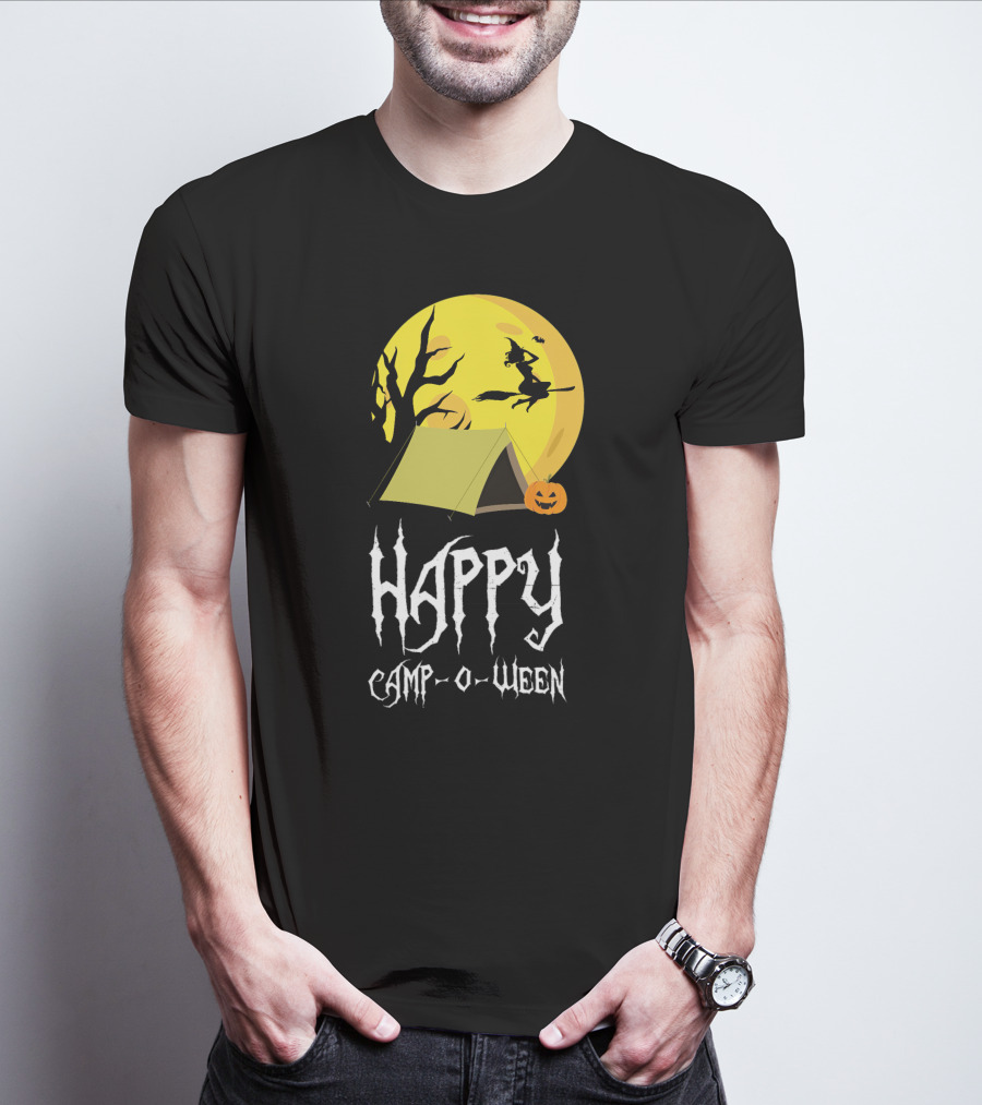Happy Camp O Ween With Witch And Pumpkin Camping Under Full Moon T-Shirt