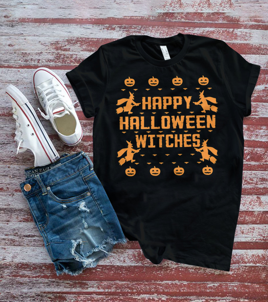 Happy Halloween Witches Flying Broomsticks Pumpkins Bats T-Shirt