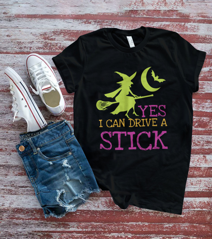 Yes I Can Drive A Lacrosse Stick Witch Halloween Moon Bat T-Shirt