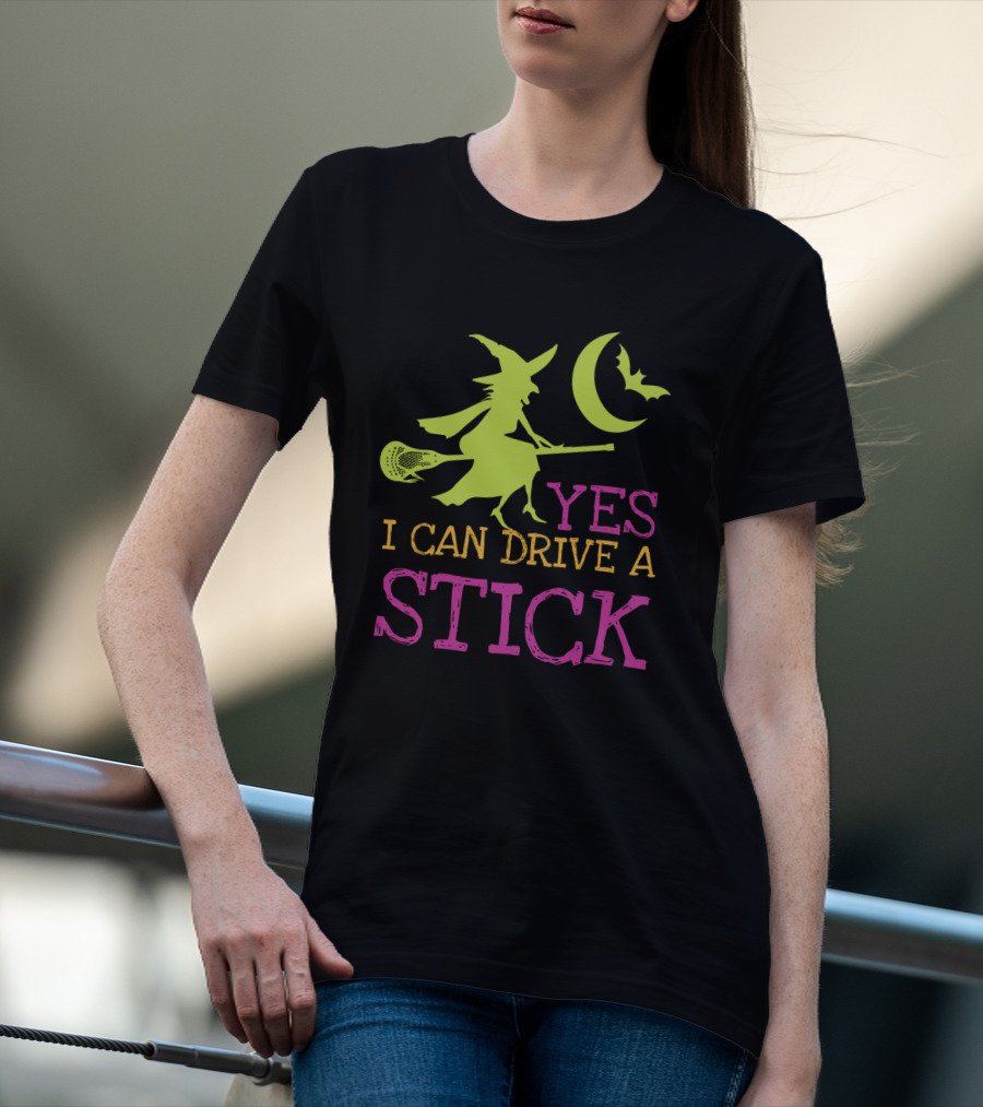 Yes I Can Drive A Lacrosse Stick Witch Halloween Moon Bat T-Shirt