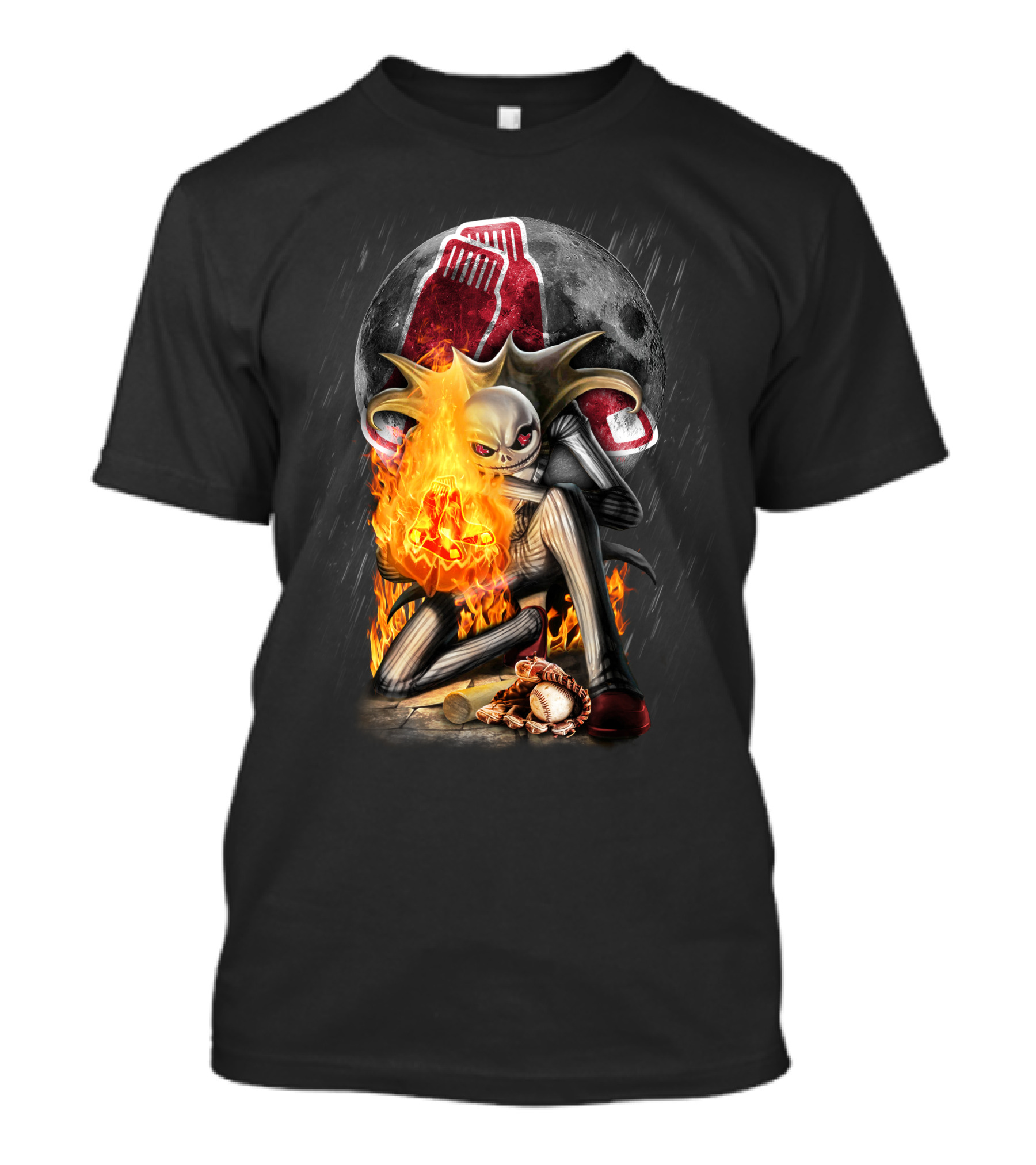Jack Skellington Boston Red Sox Skeletal Flames Moon Baseball Fusion T-Shirt