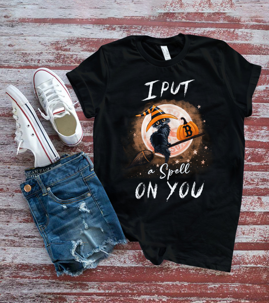 I Put A Spell On You Boston Red Sox Halloween Cat Pumpkin Broomstick Magic T-Shirt
