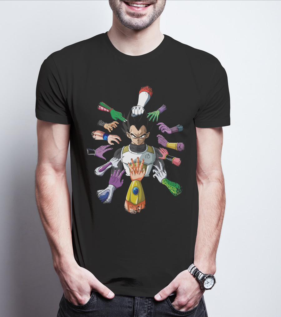 Vegeta Surrounded By Colorful Hands In John Wick T-Shirt