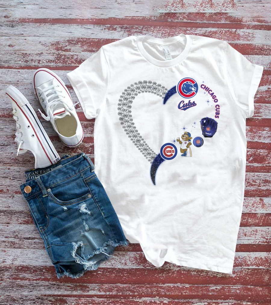 Chicago Cubs Heart Design With Logos And Bear Mascot T-Shirt