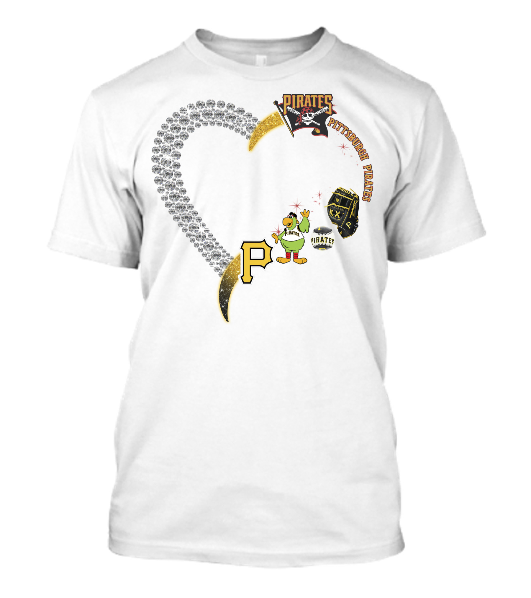 Pittsburgh Pirates Heart Logo Skully Parrot Baseball Glove P Patch T-Shirt