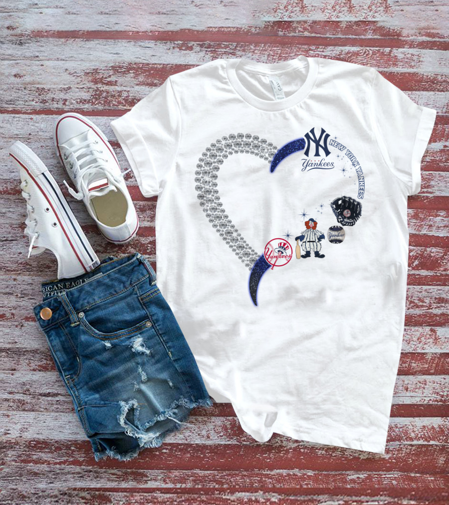 New York Yankees Heart Design With Baseball Elements T-Shirt