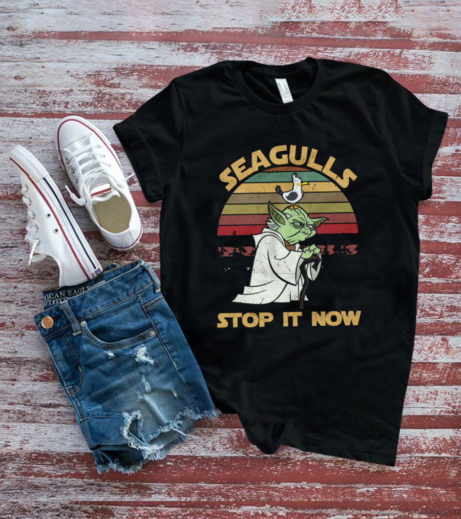 Seagulls STOP IT NOW Retro Yoda Parody With Seagull On Head T-Shirt