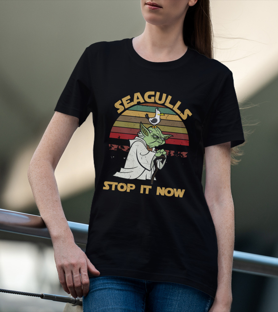 Seagulls STOP IT NOW Retro Yoda Parody With Seagull On Head T-Shirt
