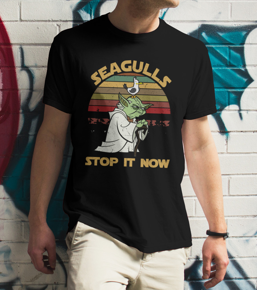 Seagulls STOP IT NOW Retro Yoda Parody With Seagull On Head T-Shirt