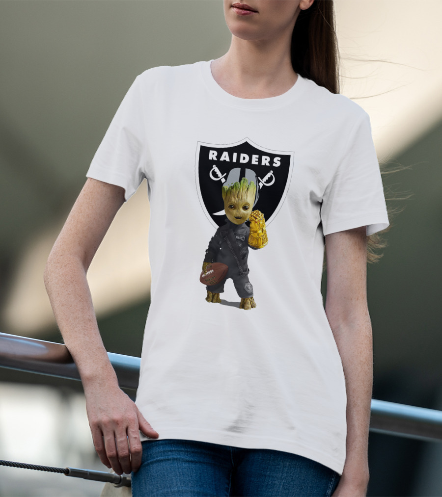 Las Vegas Raiders Groot Holding Football With Gauntlet In Front Of Raiders T-Shirt